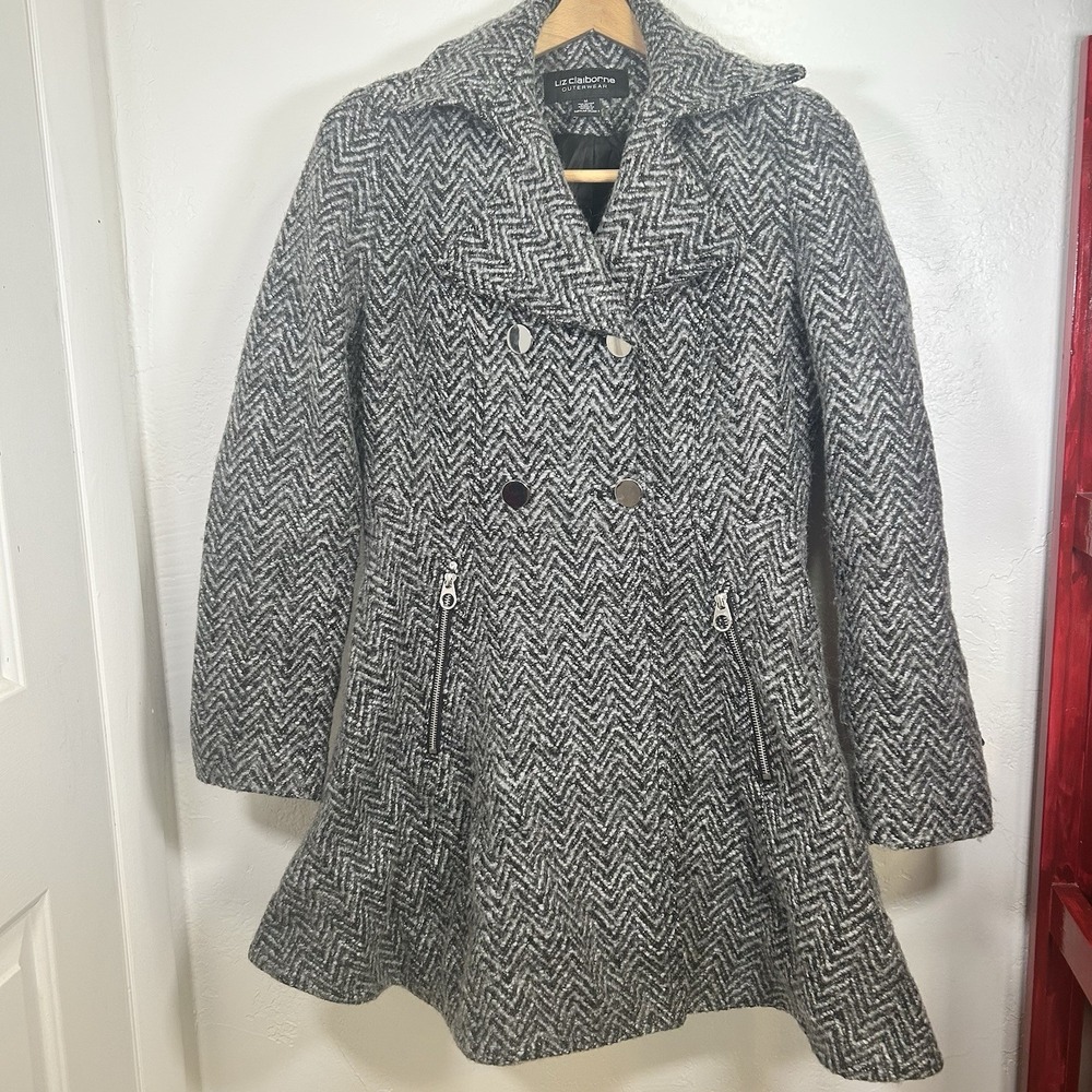 Liz Claiborne PeaCoat Womens M Herringbone Black/Gray Double Breasted Wool Blend